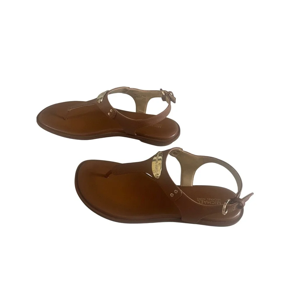 Michael Kors MK Plate Thong Sandals in Luggage‎ Saffiano Leather – Size 8M